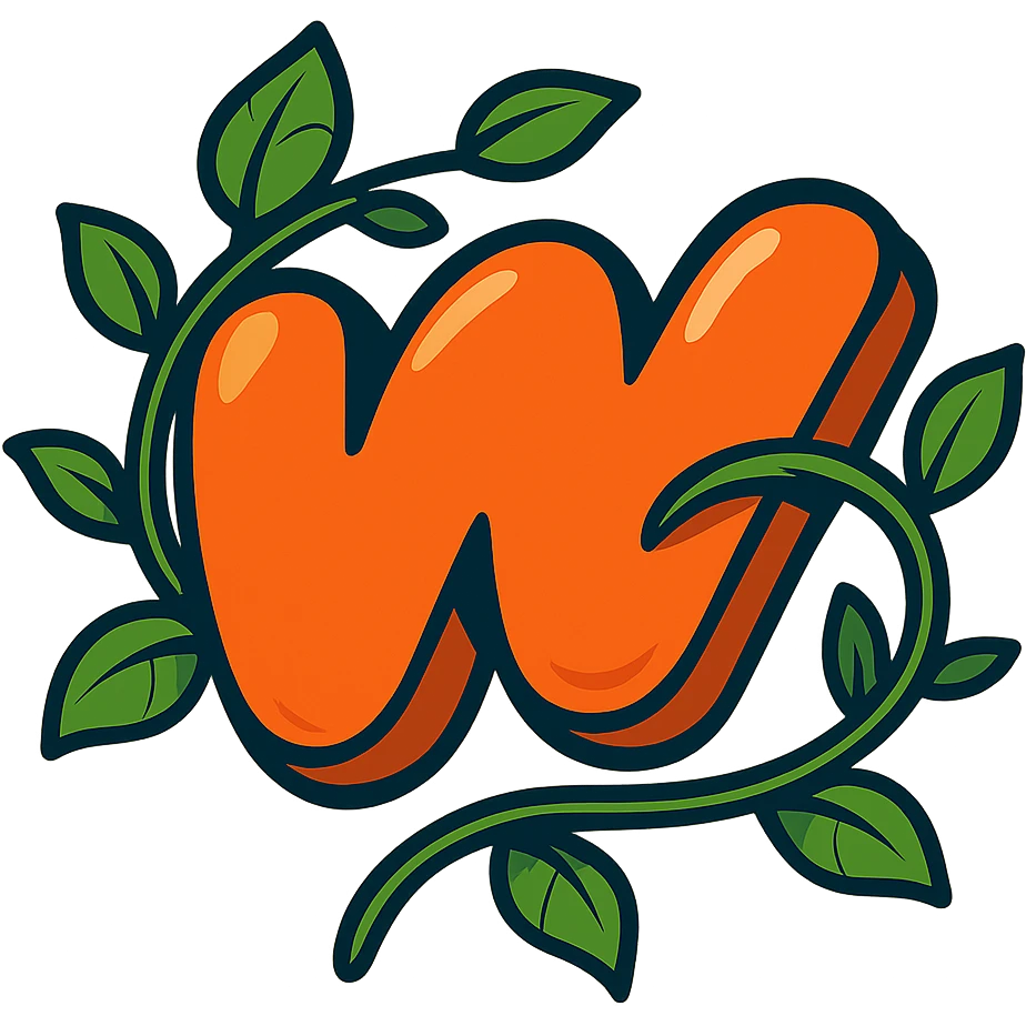 plump juicy Wattpad logo 'w' with bold outline, stylized shadows and highlights, decorated with a leafy vine wrapping around the logo, no background emoji