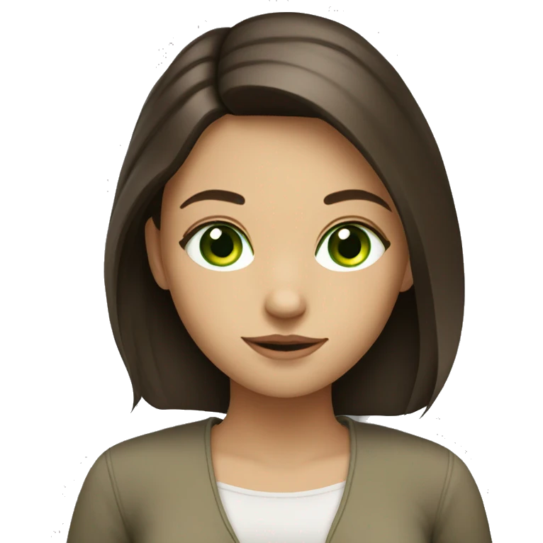 Brunette girl with green eyes studying emoji