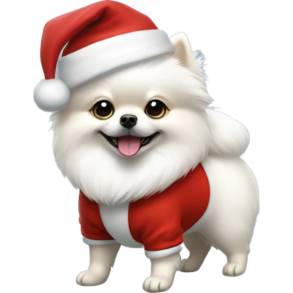 a white little Pomeranian with Santa clothes and a Santa hat emoji