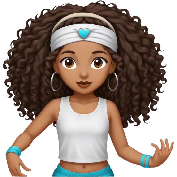 Dancing brown girl with long darn brown curly hair with headband hip hop emoji