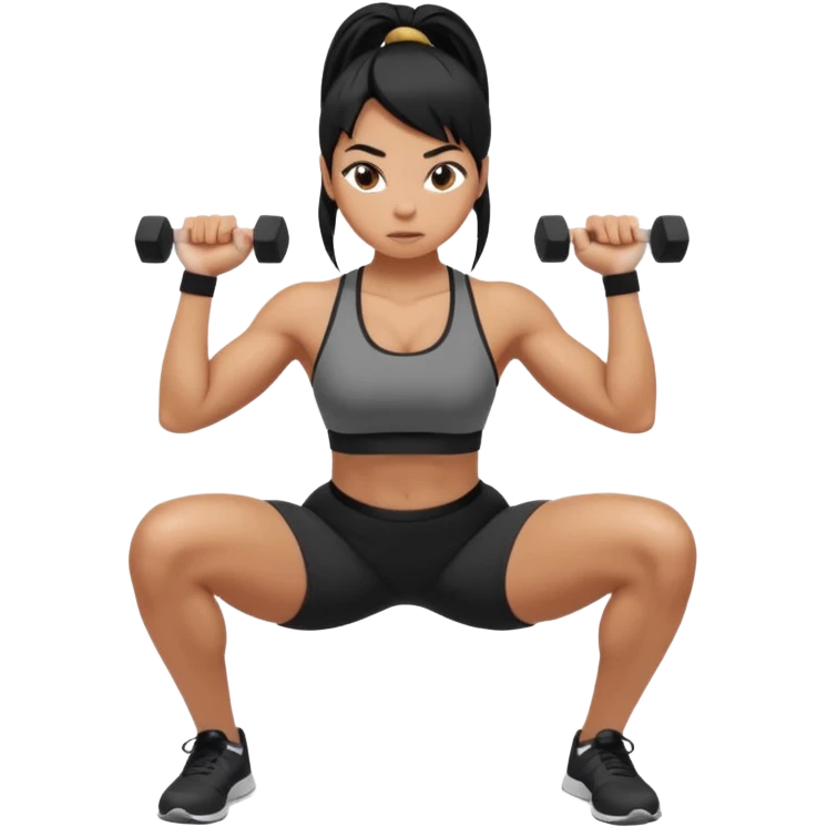 Women with long black ponytail doing a squat emoji