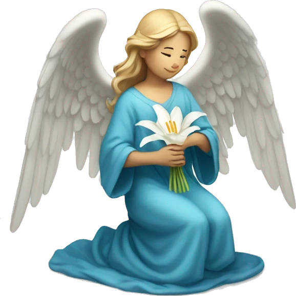 Angel in blue robe kneeling holding white lily emoji