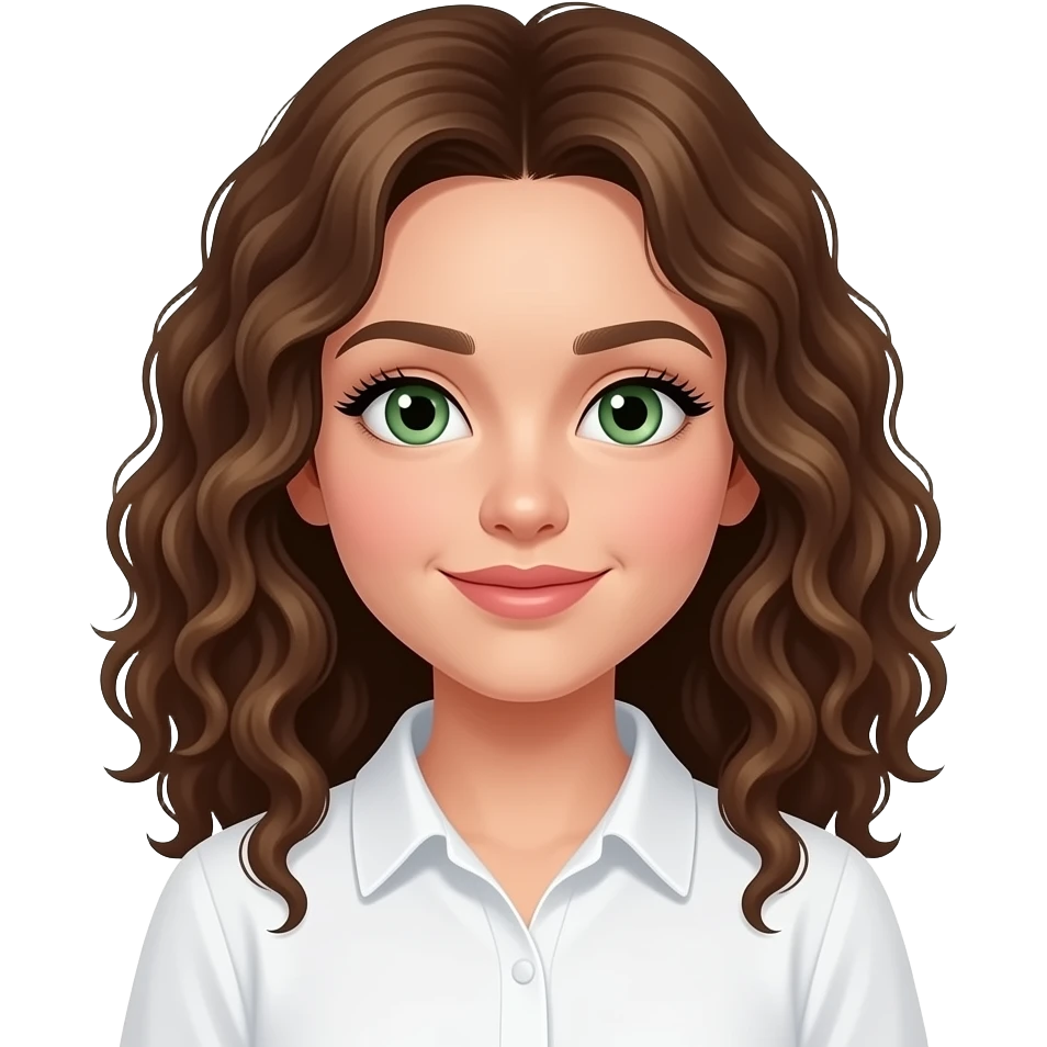 Girl with white skin, and curly brown hair and green eyes with lashes wearing a white shirt emoji