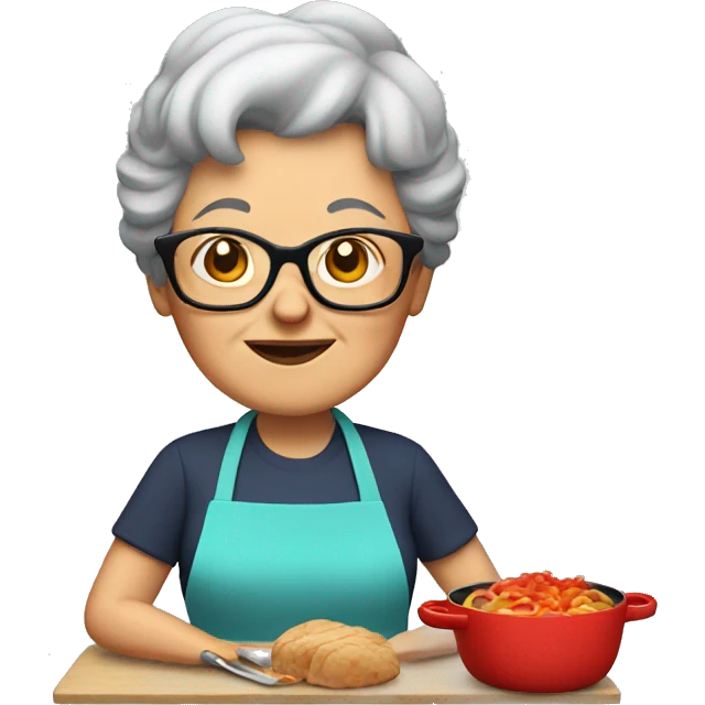 Grandma with dark hair and glasses cooking emoji