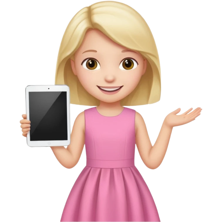 kid girl hold a tablet, pink dress emoji