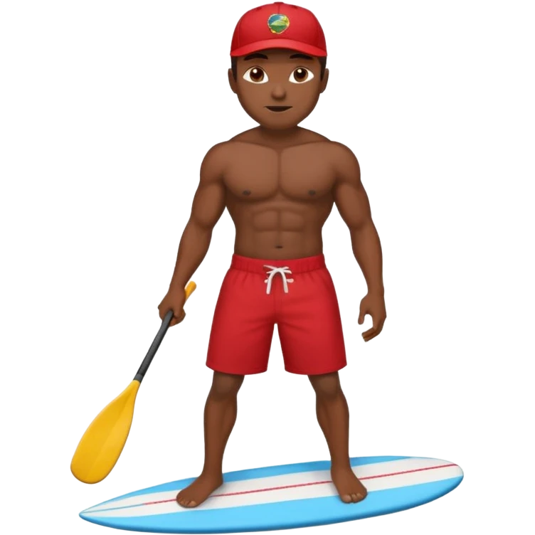 Dark, muscular surfer wearing red shorts and a baseball cap Hawaii emoji