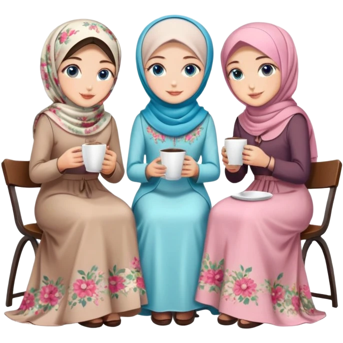 Turkish beautiful finish Konya girls blue eyes with floral Beauty hijab long tail dress and the two friends sits on the chair on the ground and holds cup coffe with her hand  emoji
