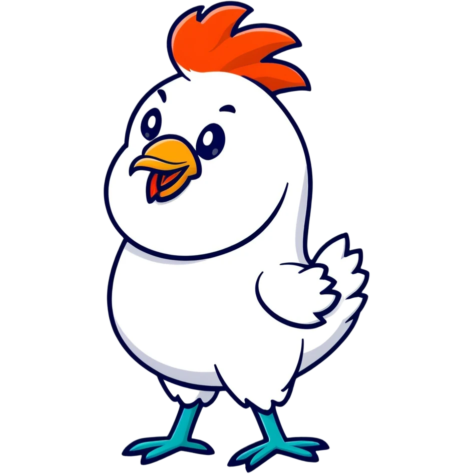 A goofy tropical rooster with teal blue feathers, big bulging eyes, tall red comb, skinny legs, comical expression emoji