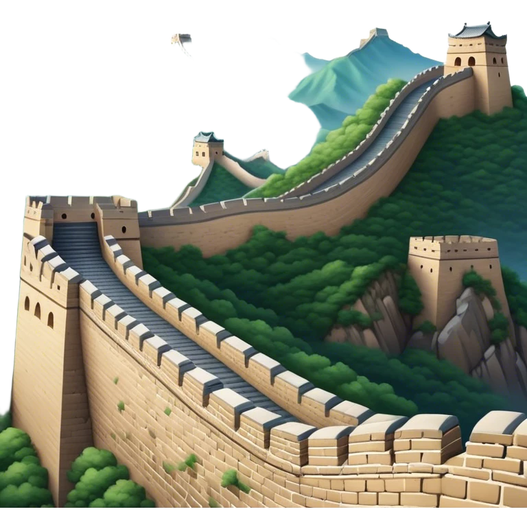Cinematic Realistic Great Wall of China Landmark Emoji, depicted as ancient fortifications winding across majestic mountains, rendered with intricate detail and dramatic lighting. emoji