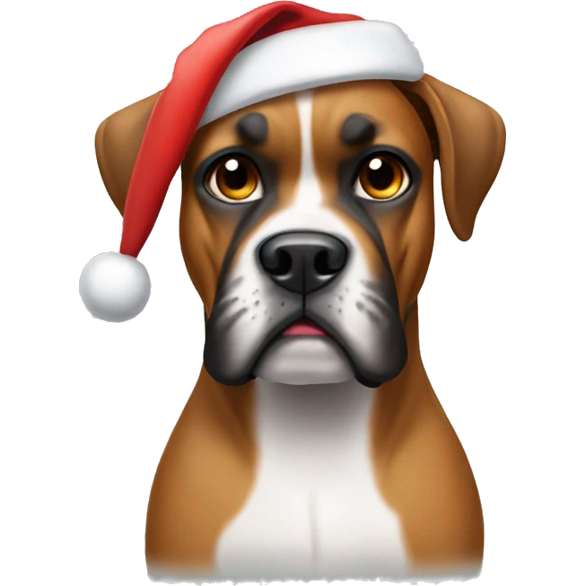 Make a dog that is the breed boxer wearing a Santa hat emoji