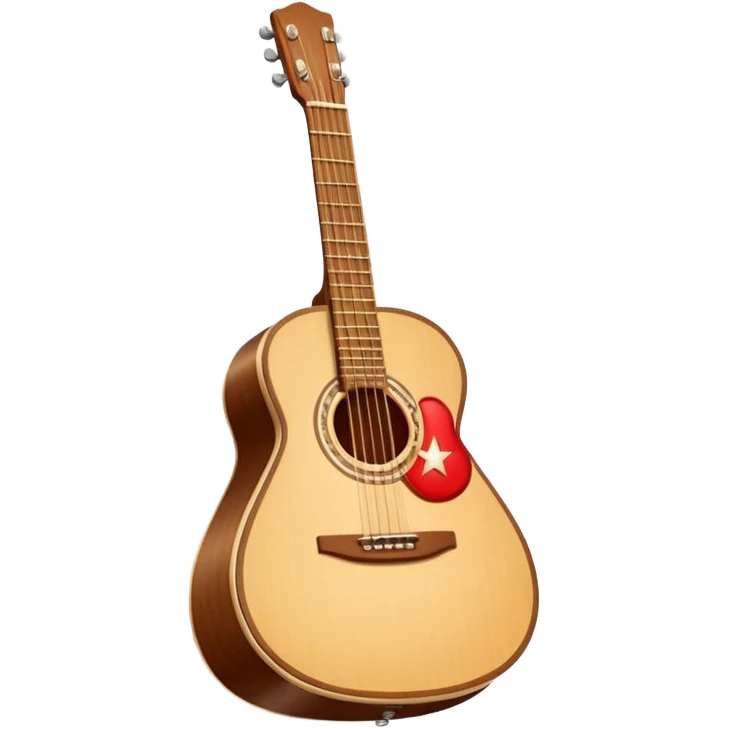 “Flat vector icon of a Cuban tres guitar in three-quarter view, warm brown, thick outline, centered on a warm cream or beige rounded-square (or circle); near the soundboard add a small red or pink heart with a soft glow and 2–3 tiny sparkles to suggest ‘soul’.  emoji