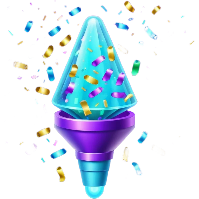 Futuristic glowing confetti popper emoji, holographic purple and cyan colors, emitting confetti and sparkles, dark background, vibrant celebration atmosphere, no face. emoji