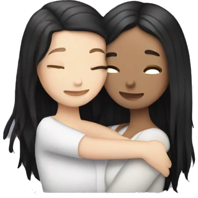 A lesbian couple who both have white skin and long black hair are hugging intimately. emoji