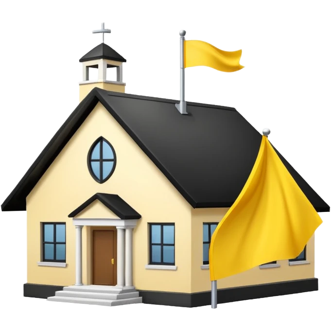 simple school, white background, magic school, black roof, with a big flag, big flag on a roof, big yellow flag, white school emoji