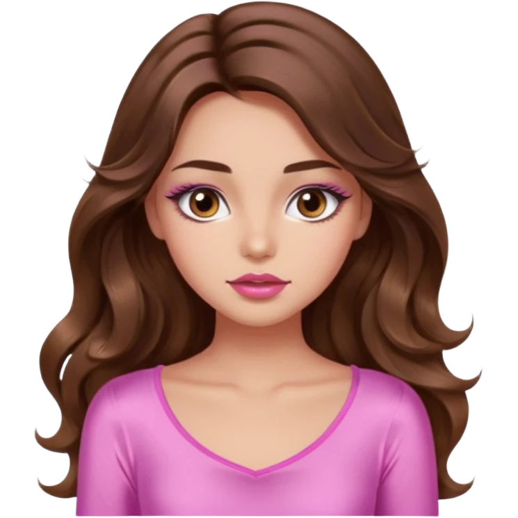 girl with long wavy brown hair, brown eyes, light to medium complexion, in a pink sexy top, pink lips, long lashes, silent motion emoji