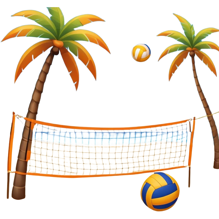 A volleyball resting on the orange sand ground of a beach, with a volleyball net in the background. The scene captures a sunny beach atmosphere with clear blue sea and sky, palm trees swaying, and people in swimsuits enjoying the vibrant surroundings emoji