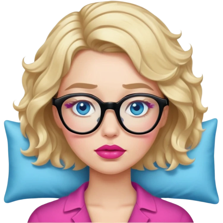 Blonde woman with short wavy hair, blue eyes and pink lips wearing black glasses falling asleep  emoji