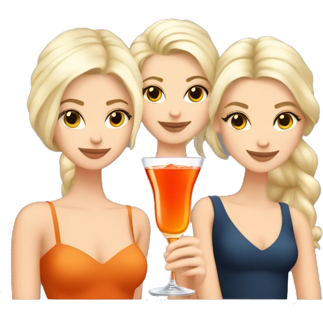 Four beautiful white european girls, one with blond hair and three with dark blond hair in dresses drinking aperol emoji