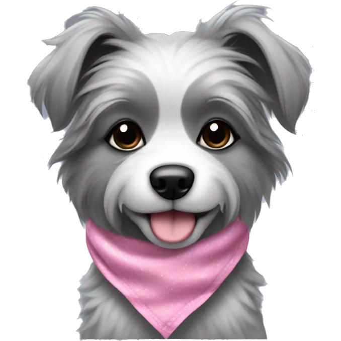 cute girl dog with fluffy grey fur and black tips on her ears darker grey/black fur around eyes and a cute pink bandana  emoji