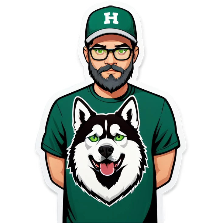 A bold man with a grey baseball cap, green eyes, big beard and glasses with a husky dog emoji