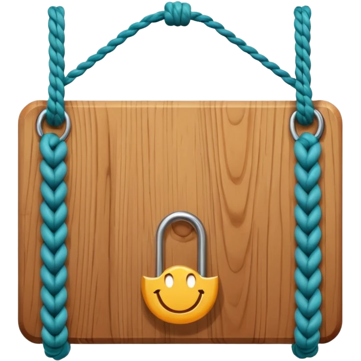 3D cartoon style wooden hanging signboard, smooth polished wood texture, rounded edges, detailed wood grain, thick twisted ropes going through holes on both sides, hanging rope knots visible, isolated on white background, soft shadow, high resolution, digital illustration, centered composition emoji