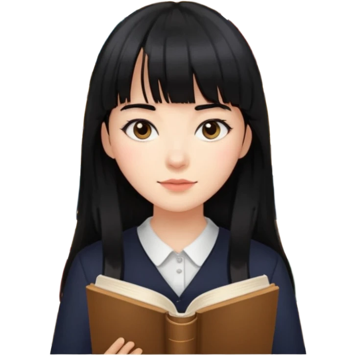 lecture girl with straight bangs fringe long black color hair with lots of books emoji