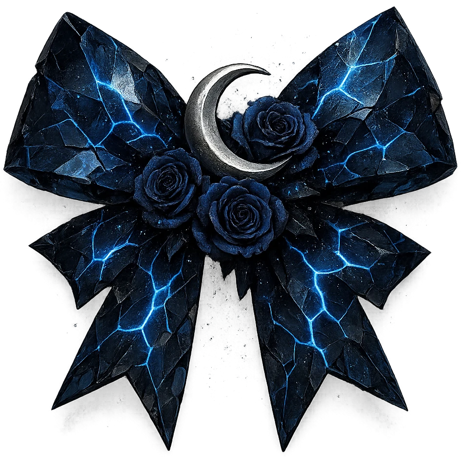 gothic bow made of splintered deep blue glass, adorned with a silver crescent moon, midnight blue roses, holographic stardust, neon lightning, wet look emoji