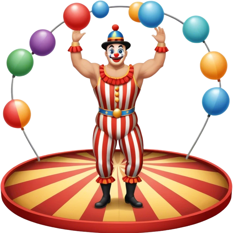 Icon for Circus Arts: a vibrant round circus arena with a strongman in a striped costume, a juggler performing and a clown entertaining the crowd. The icon should capture the energy and excitement of a circus performance. Transparent background. emoji