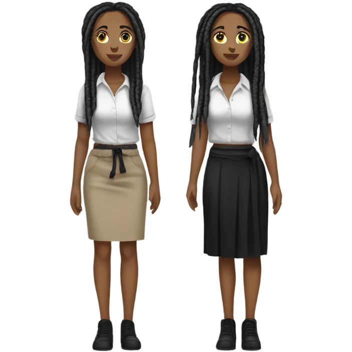 Tan girl with black locs dark white tied shirt black skirt full body emoji