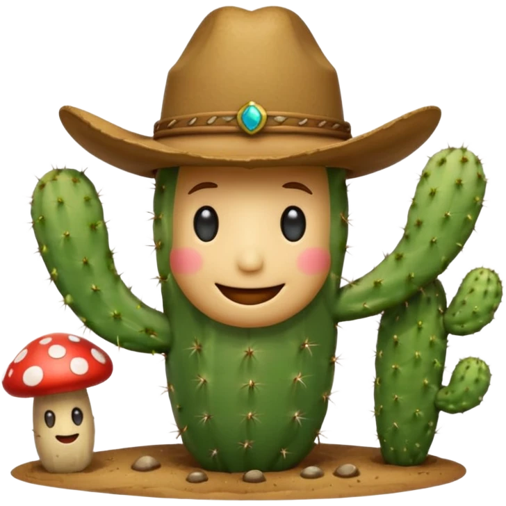 Make a cactus that has this smily face “😁” and a cowboy hat and holding shrooms emoji