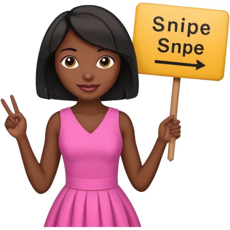 Dark skin woman with black bob in hair holding sign that says snipe  wearing pink dress  emoji