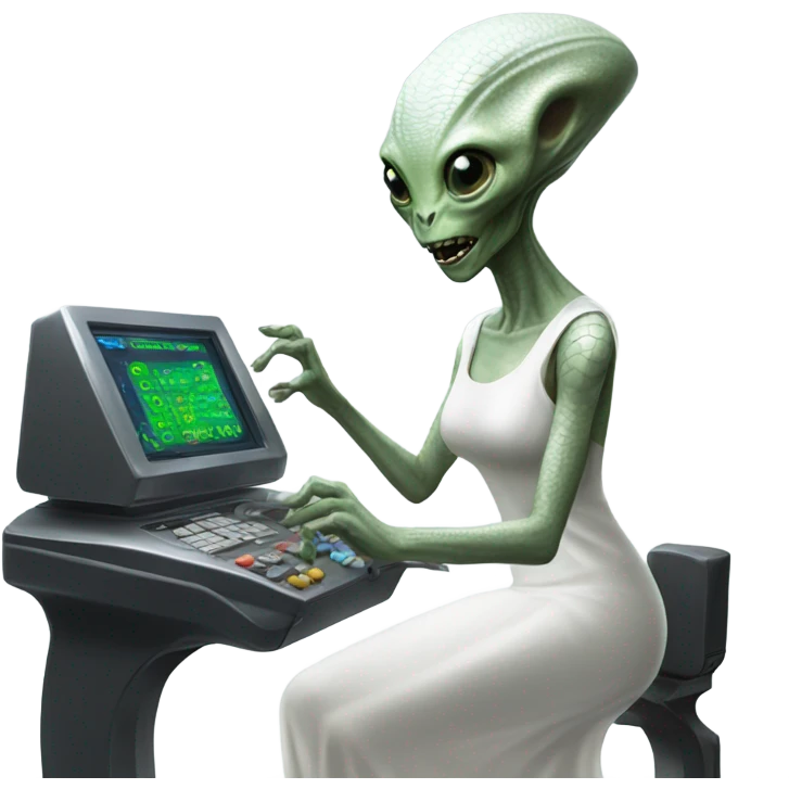  a Reptilian alien woman, in white dress, use a drive console emoji