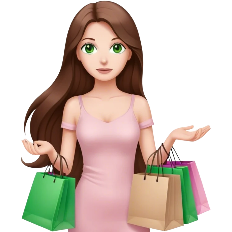 pretty white woman with very long brown hair and green eyes and light pink outfit holding a ton of shopping bags emoji