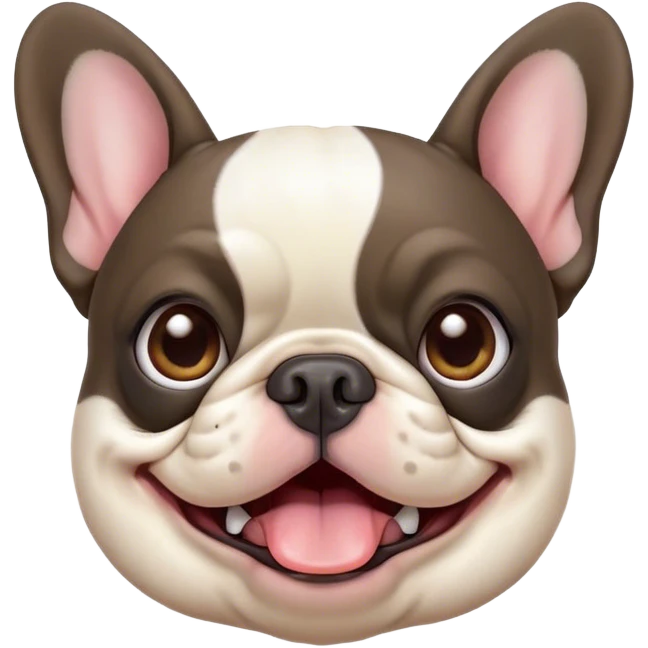 Cinematic Comical Pied French Bulldog Portrait Emoji, Head tilted with an exaggeratedly shocked, comical expression and wide, humorously expressive eyes, showcasing a distinctive pied fur of contrasting hues and a charmingly goofy face, simplified yet hilariously detailed, glowing with a sassy, playful radiance, high shine, exuding a mischievous and meme-worthy charm, styled with a soft glowing outline, capturing the essence of a Pied French Bulldog that looks ready to spark a viral laugh! emoji