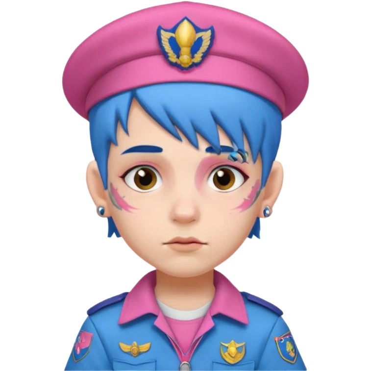 scout boy with very pink scout uniform, blue haired and hat, heavy face tattoed emoji