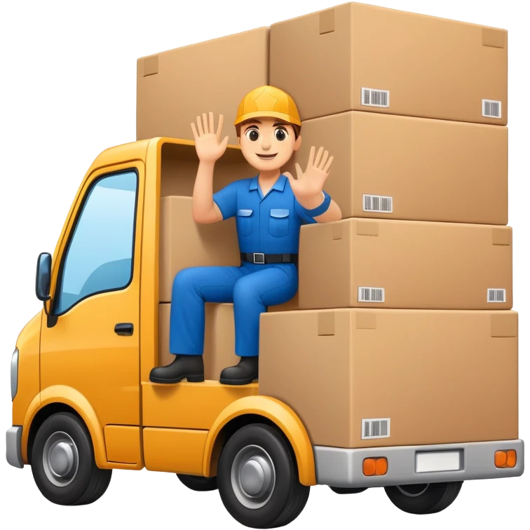 truck with a supplier in work uniform sitting inside, waving hi, cargo area overflowing with many boxes emoji