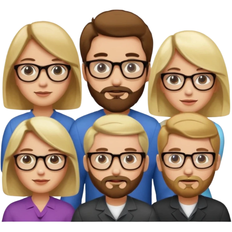 A man with hair and glasses and  a woman with long brown hair and a man with a beard and a woman with a blonde bob emoji