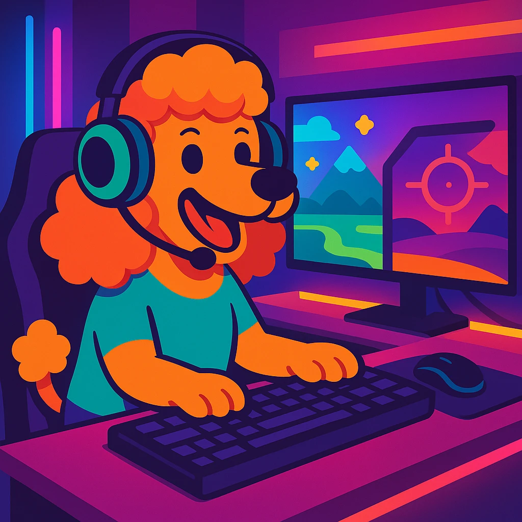 Add a lively gaming background with a desk, dual monitors, and RGB lighting. Maintain the energetic cartoon vibe in vibrant toon style. emoji