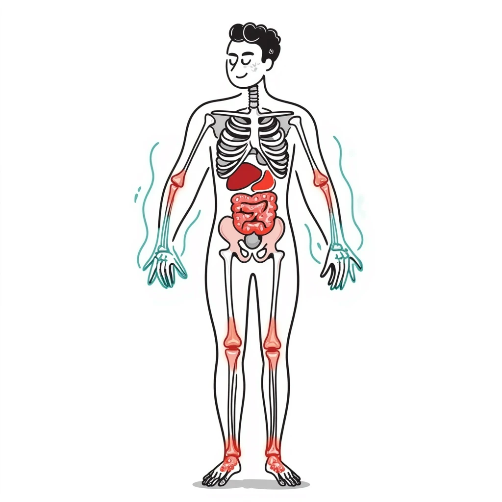 Anti-inflammatory process medical diagram: transparent human body with glowing joints and organs, blue-green healing energy waves neutralizing red inflammation spots, clinical aesthetic with soft lighting and futuristic background emoji
