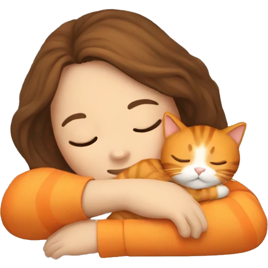 Girl with Brown hair sleeps with orange cat emoji
