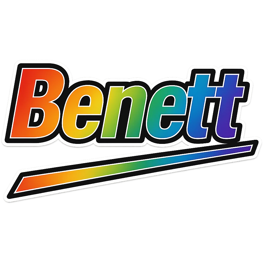 Benett name in masculine, modern gradient font with precise Hungarian characters, dark outline, extra thick, prominent white letter border, dynamic slanted underline, rainbow gradient colors, 1000x1000 px, PNG, transparent background emoji