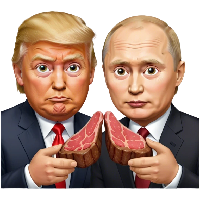 photorealistic Donald Trump and Putin eating a steak shaped like an piece of land emoji