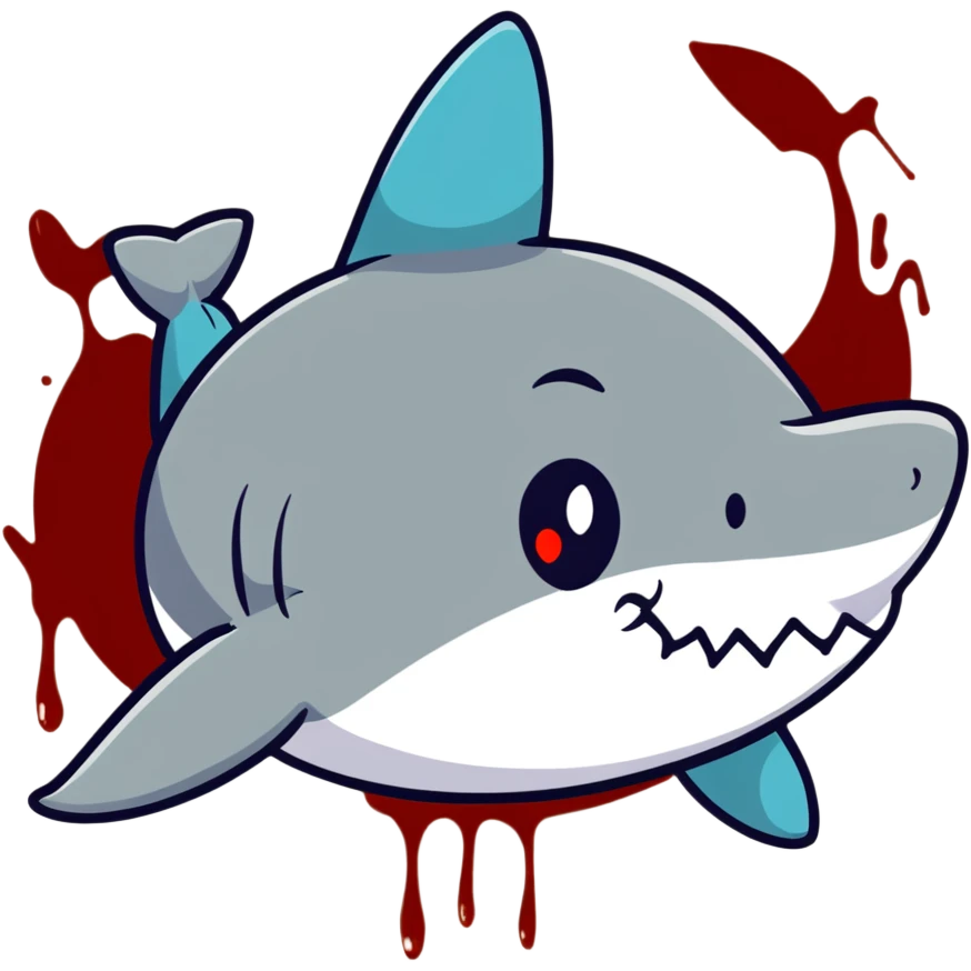 shark smiley face with blood around the nose, cartoonish emoji