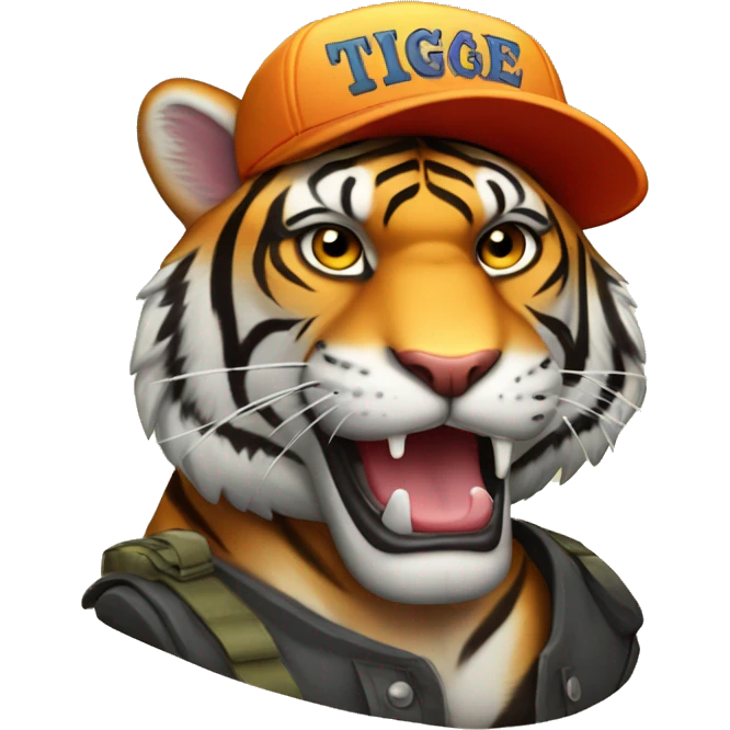Tigre animado con gorra con un cartel emoji