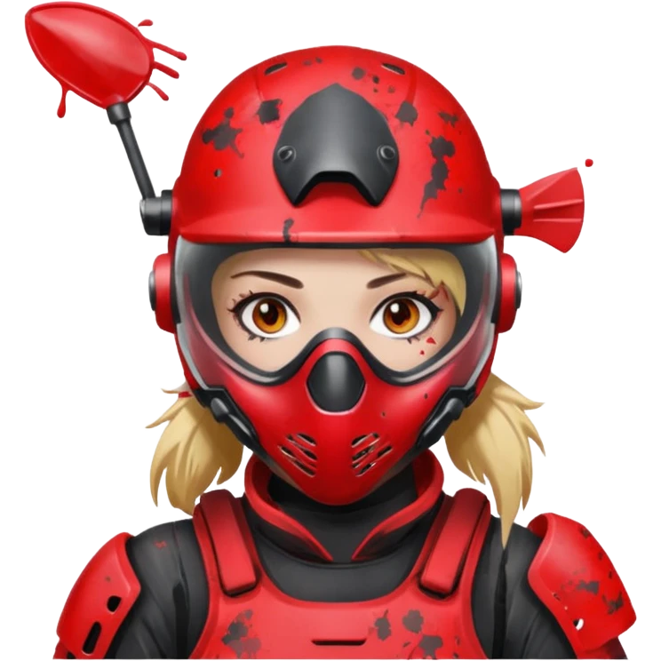 girl playing paintball with red paintball gear and only face emoji