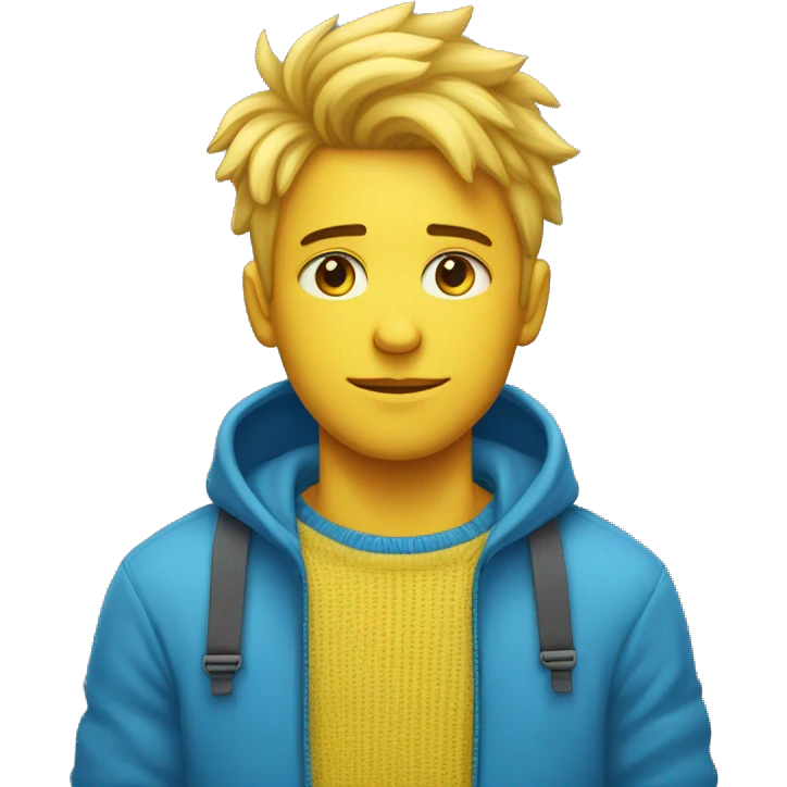 Garçon choqué aux cheveux et yeux bleu qui porte un pull bleu avec une étoile jaune sur un côté du pull emoji