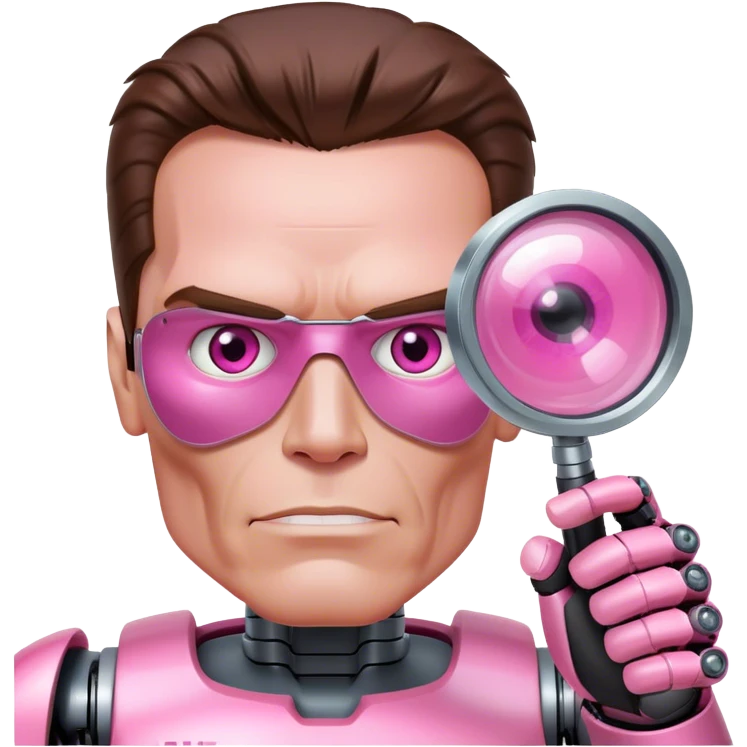 friendly looking schwarzenegger-looking half robotic half human pink terminator holding magnifying glass, upper body emoji