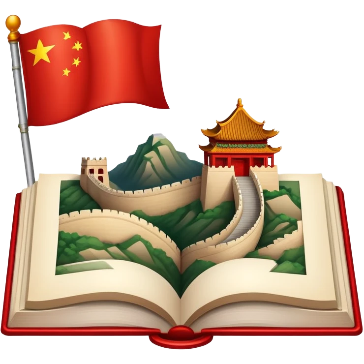 An icon featuring the Great Wall of China and the flag of China, symbolizing the Chinese language. The design includes an open book with Chinese characters and a red lantern, representing language learning and rich cultural tradition. Transparent background highlights the depth of Chinese heritage. emoji