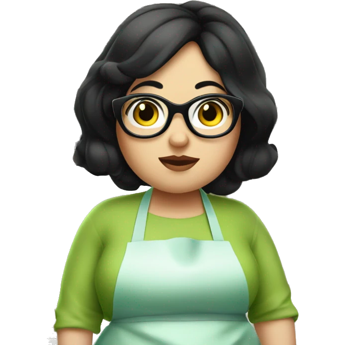 chubby lady with black hair and big eyes green apron  with glasses cooking  emoji