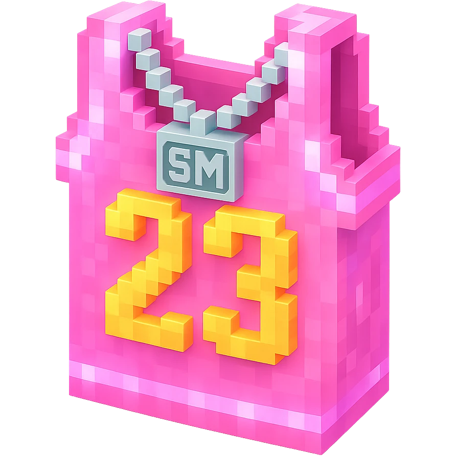 светящейся розовая баскетбольная майка с надписью "23" и серебряная цепь с надписью "SM", no background emoji